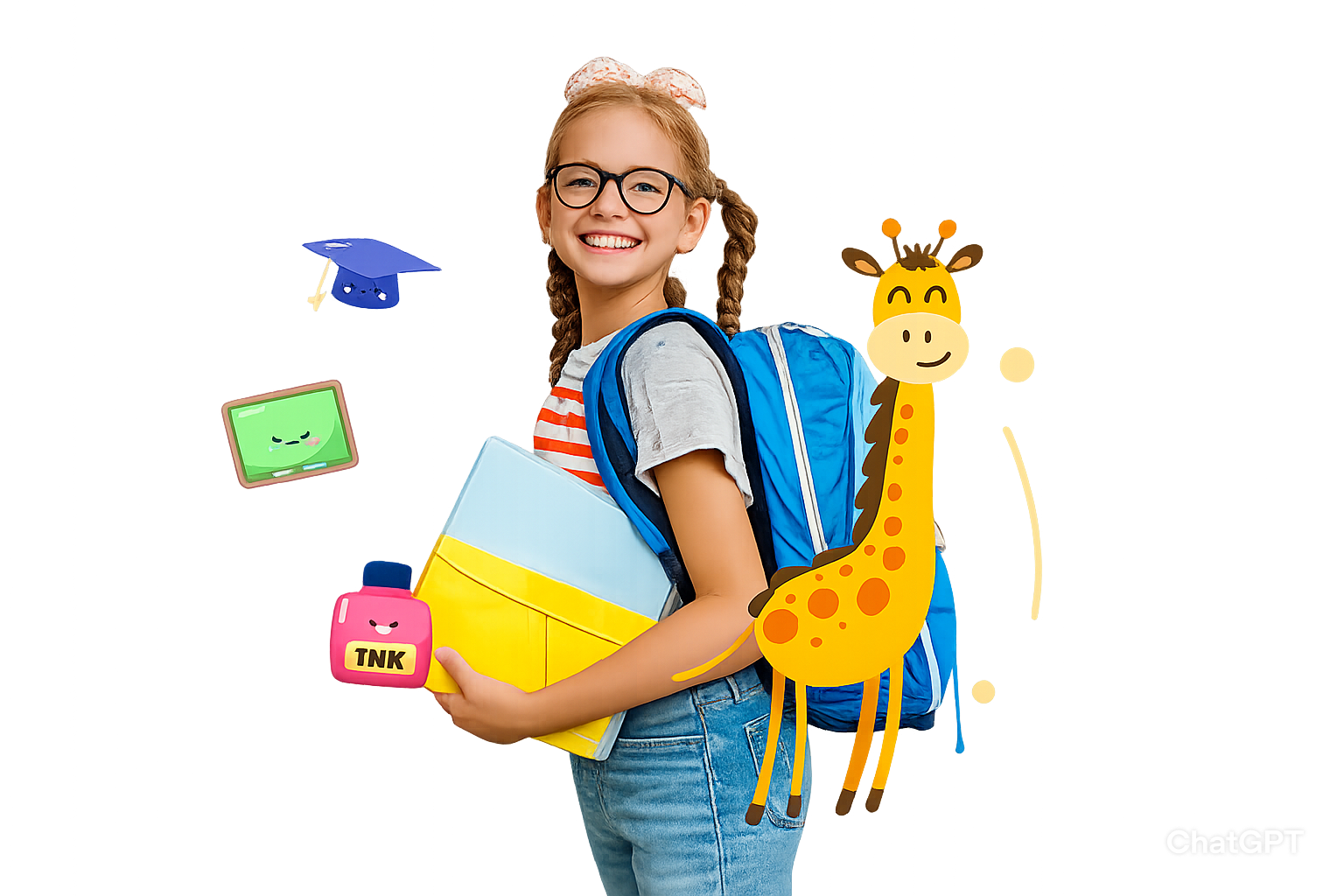 Girl with backpack and playful learning illustrations