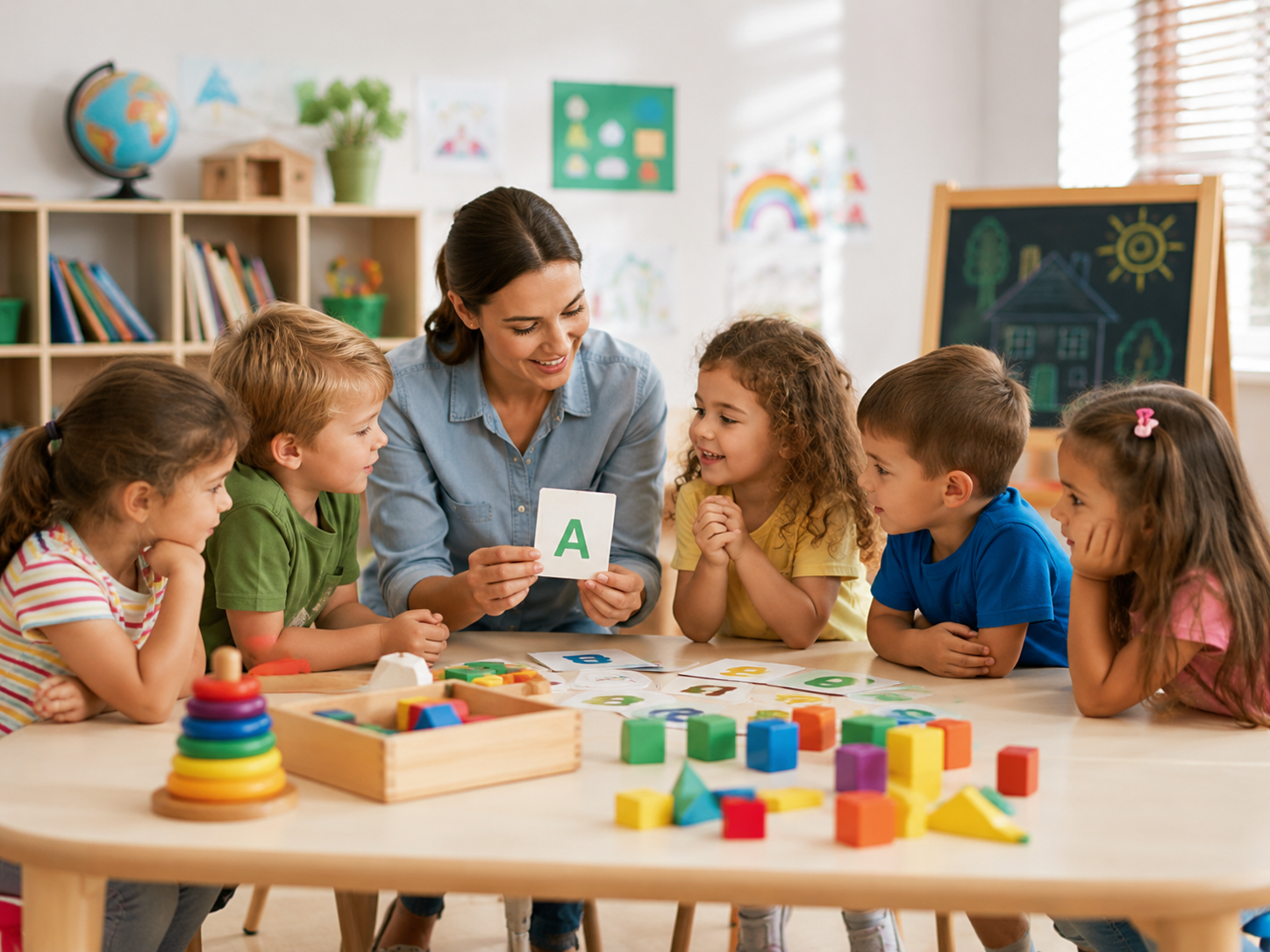 Teacher helping children learn in the classroom